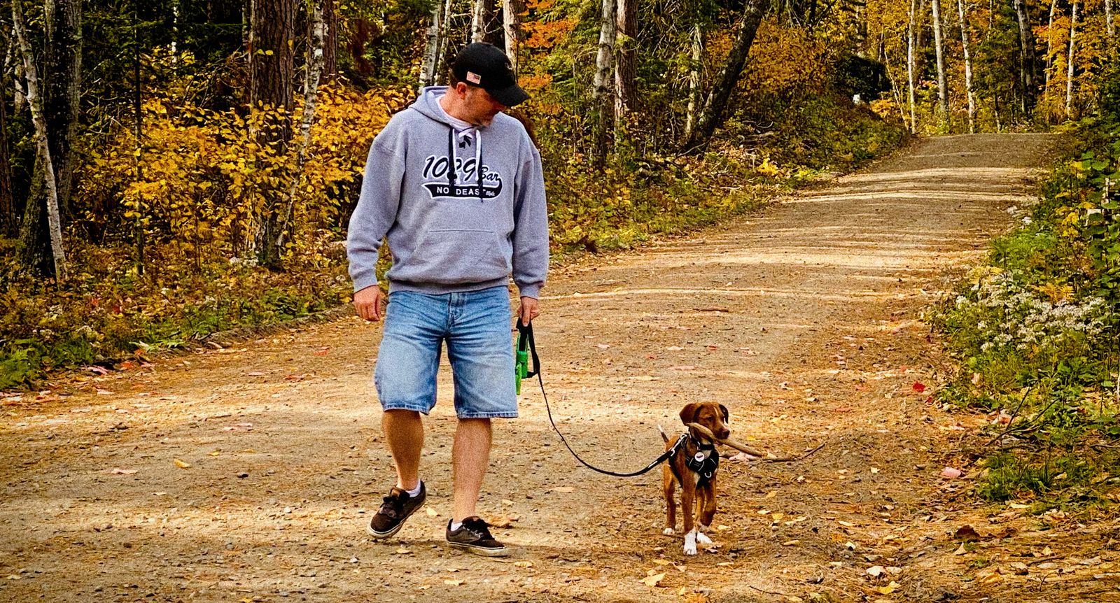 Chad Juettner walking his dog Otis on a wooded trail in the fall